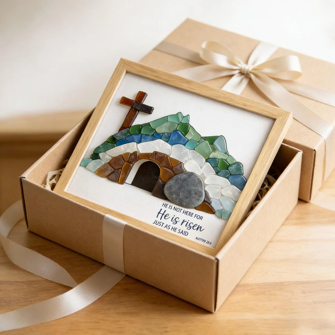 (🎁Last Day 49% OFF)✝️🌊Handcrafted Sea Glass Empty Tomb Resurrection Wall Art – He Is Risen!