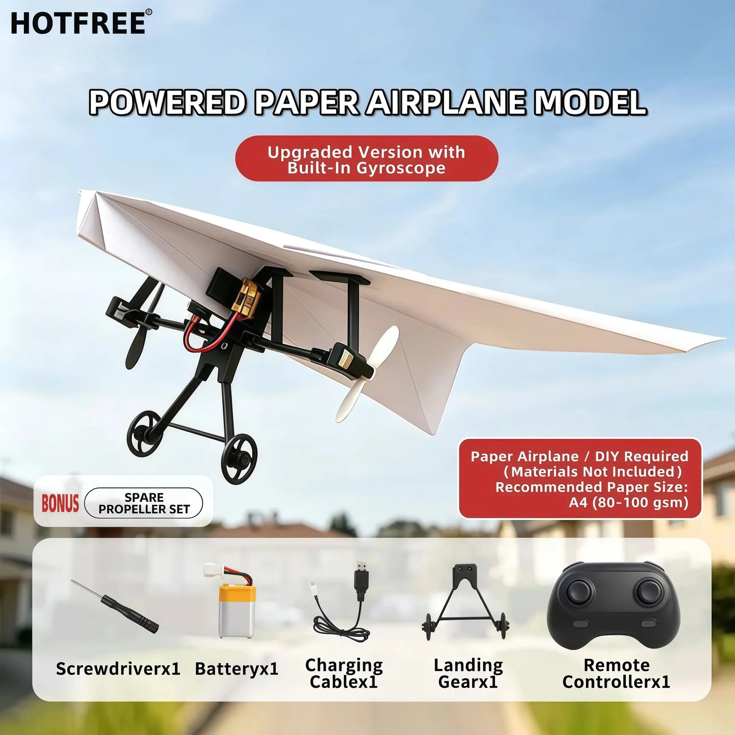 Hotfree Power-Up RC Paper Airplane Kit ✈️⚡ with Gyro Stabilizer – DIY Electric Remote Control Plane  Dual Propellers 🔄 | Lightweight 🪶 | Foldable Design 📦 | STEM Fun 🧠