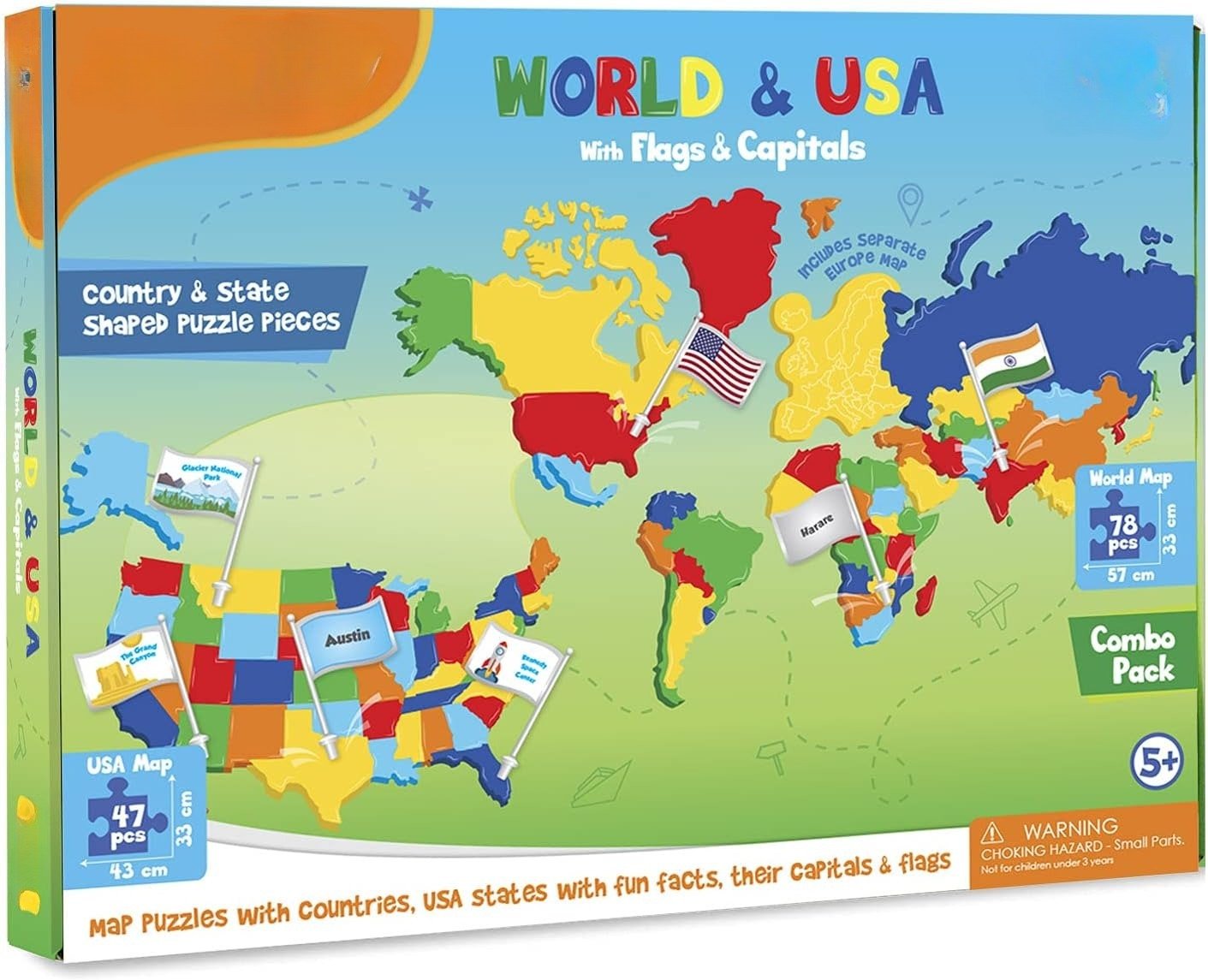 🌍 USA & World Geography Puzzle Set with Flags and Capitals🧩– Educational Geography Jigsaw Toy for Kids Ages 5–12 (STEM Learning Set)-Huihui