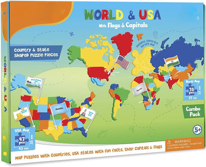 🌍 USA & World Geography Puzzle Set with Flags and Capitals🧩– Educational Geography Jigsaw Toy for Kids Ages 5–12 (STEM Learning Set)-Huihui