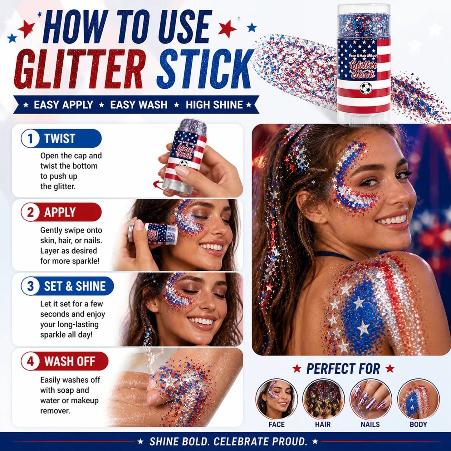 🦅4th of July Glitter Stick✨🔔Red, White & Blue Body & Hair Sparkle