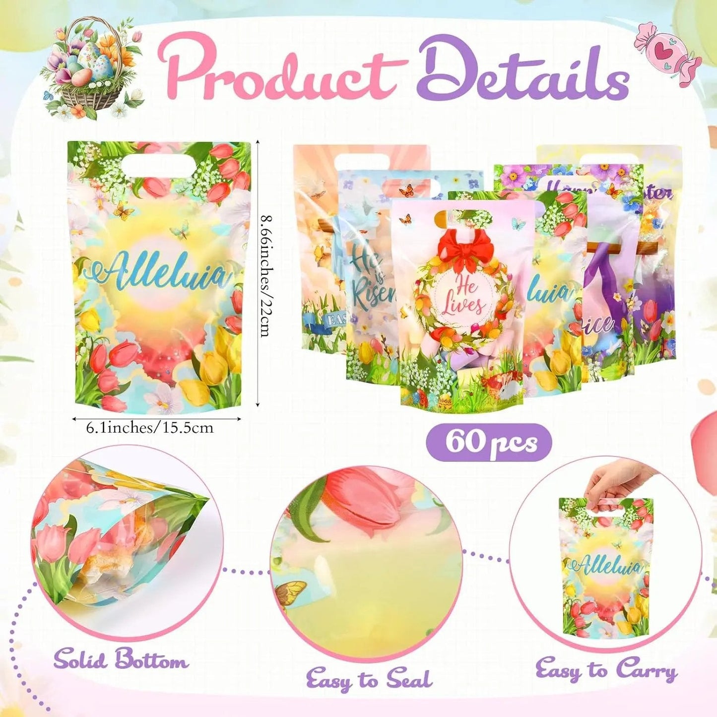 ✝️🎁60 Pcs Religious Easter Gift Bags with He Is Risen Cross Pattern Candy Treat Bulk Bags for Christians