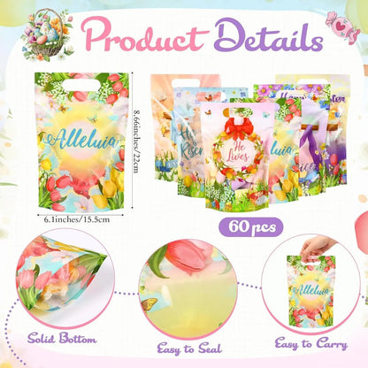 ✝️🎁60 Pcs Religious Easter Gift Bags with He Is Risen Cross Pattern Candy Treat Bulk Bags for Christians