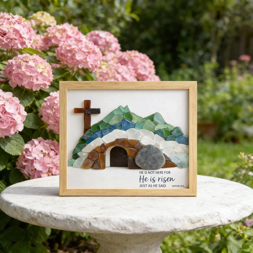 (🎁Last Day 49% OFF)✝️🌊Handcrafted Sea Glass Empty Tomb Resurrection Wall Art – He Is Risen!
