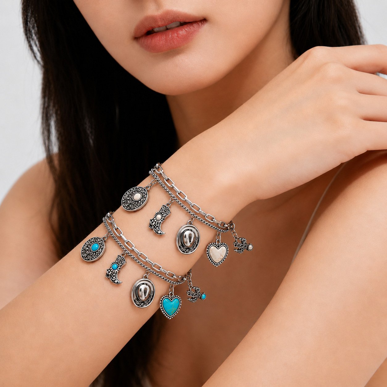 🔥Summer Hot Sale 66% OFF - 🏇🤠Handmade Western Cowboy Charm Bracelet with Boot Hat Cactus & Heart Charms🌵
