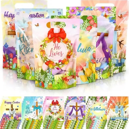 ✝️🎁60 Pcs Religious Easter Gift Bags with He Is Risen Cross Pattern Candy Treat Bulk Bags for Christians