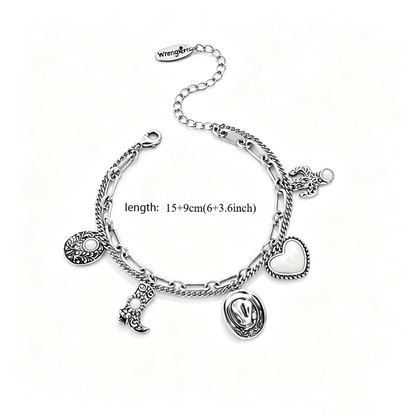 🔥Summer Hot Sale 66% OFF - 🏇🤠Handmade Western Cowboy Charm Bracelet with Boot Hat Cactus & Heart Charms🌵