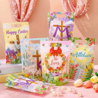 ✝️🎁60 Pcs Religious Easter Gift Bags with He Is Risen Cross Pattern Candy Treat Bulk Bags for Christians