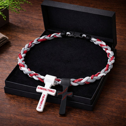 ✝️⚾ Triple-Rope Tornado Baseball Necklace – Cross Charm Pendant with "I CAN DO ALL THINGS PHL4:13"