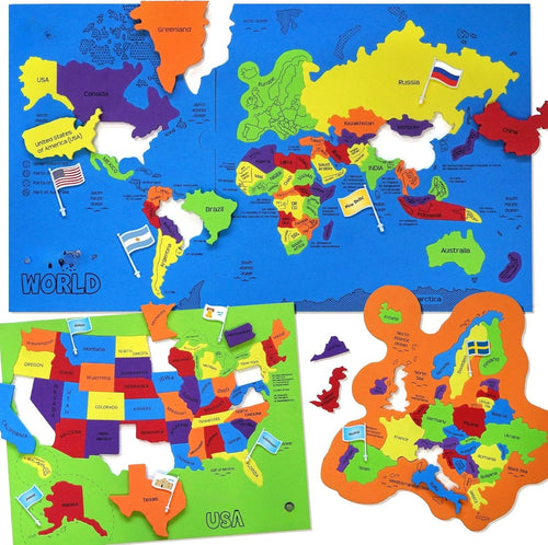 🌍 USA & World Geography Puzzle Set with Flags and Capitals🧩– Educational Geography Jigsaw Toy for Kids Ages 5–12 (STEM Learning Set)-Huihui