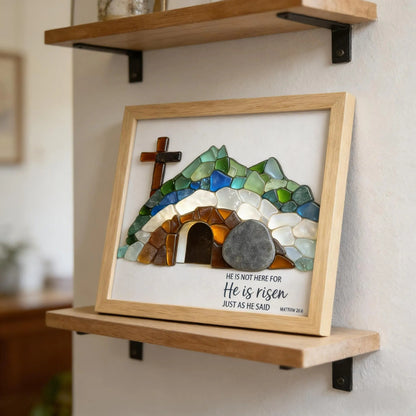(🎁Last Day 49% OFF)✝️🌊Handcrafted Sea Glass Empty Tomb Resurrection Wall Art – He Is Risen!