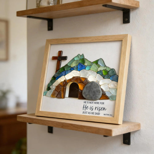 (🎁Last Day 49% OFF)✝️🌊Handcrafted Sea Glass Empty Tomb Resurrection Wall Art – He Is Risen!